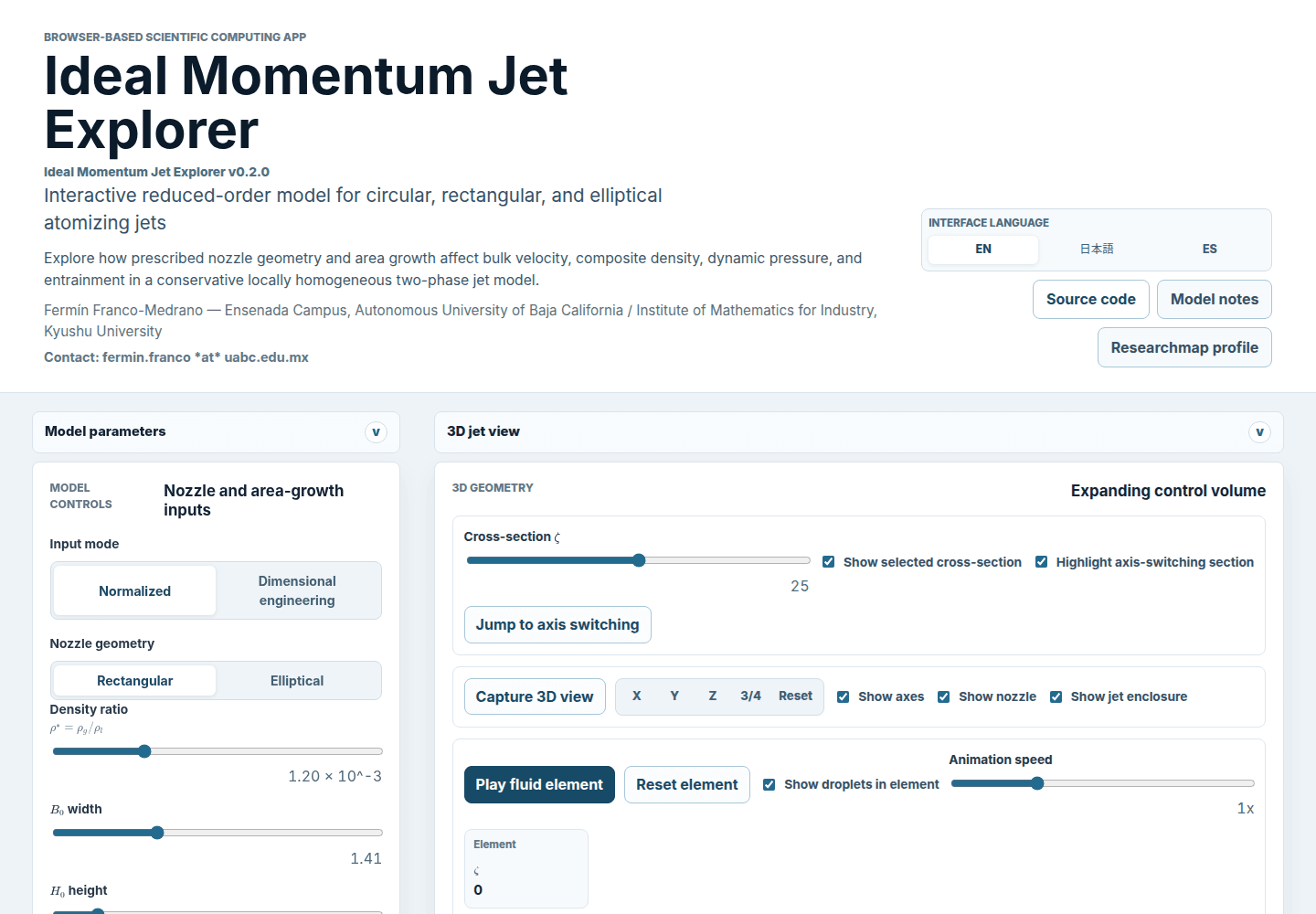 Ideal Momentum Jet Explorer interface with model controls and a three-dimensional jet view